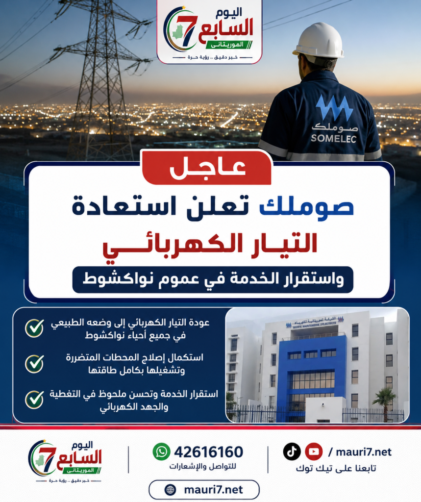 صوملك تعلن استعادة التيار الكهربائي واستقرار الخدمة في عموم نواكشوط نواكشوط اليوم السابع الموريتاني أعلنت مجموعة الشركة الموريتانية للكهرباء «صوملك»، اليوم الخميس، استعادة خدمة الكهرباء إلى وضعها الطبيعي والمستقر في عموم العاصمة نواكشوط، بعد استكمال أعمال إصلاح وتشغيل المحطات المتضررة جراء الحرائق الأخيرة. وأكدت الشركة أن الجزء المتبقي من محطة التحويل الفرعية الشرقية تم تشغيله بنجاح، لتعود المحطة إلى العمل بكامل طاقتها الاستيعابية، بالتزامن مع تشغيل محطة التحويل الشمالية بكامل طاقتها.  وأوضحت «صوملك» أن التيار بدأ في العودة تدريجياً إلى مختلف الأحياء والمناطق التي تأثرت بالانقطاعات، خصوصاً في ولاية نواكشوط الشمالية والمناطق المجاورة المغذاة من المحطة الشرقية.  وكانت فرق فنية تابعة للشركة قد واصلت العمل على مدار الأيام الماضية لإصلاح الأضرار وإعادة تشغيل المنشآت المتضررة، حيث أعلنت الشركة استعادة المحطة الغربية لكامل طاقتها قبل استكمال إصلاح المحطة الشرقية.  وجددت «صوملك» اعتذارها للمشتركين عن الاضطرابات والانقطاعات التي تسببت فيها تداعيات الحرائق، معربة عن شكرها للمواطنين على تفهمهم وصبرهم خلال فترة الأشغال الاستثنائية.  وبذلك، تعلن الشركة انتهاء مرحلة التدخلات الفنية العاجلة، مع عودة المحطات إلى طاقتها التشغيلية واستقرار خدمة الكهرباء في مختلف أنحاء نواكشوط.